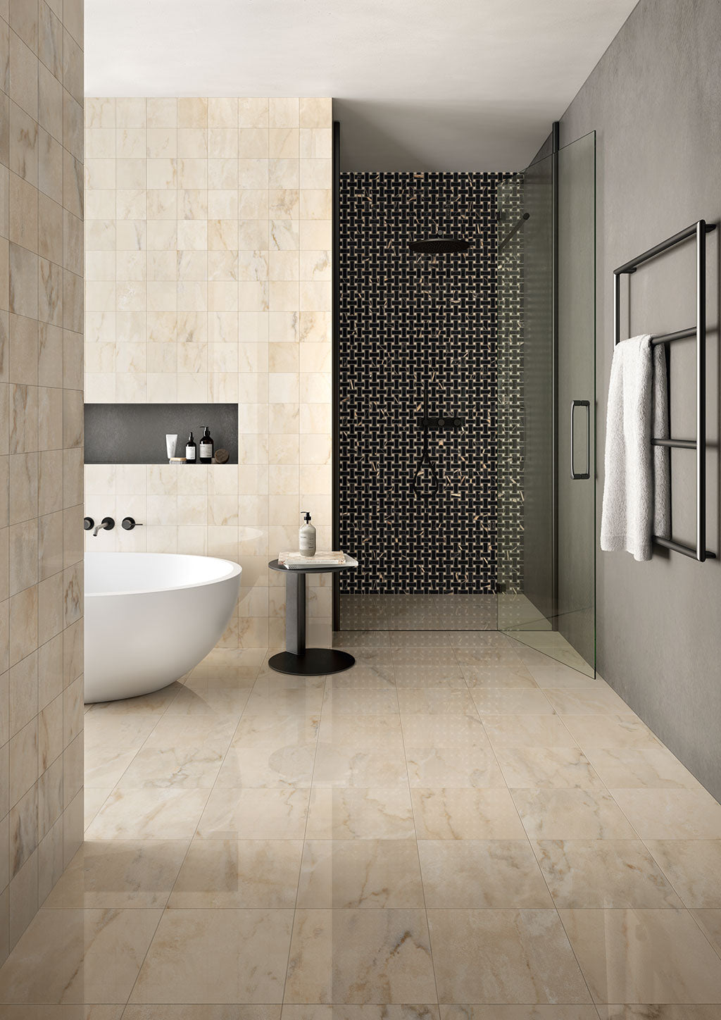 Fioranese Sound of Marbles Mosaico Weave in Nero Fondo with Rosa Cipria bathroom lifestyle