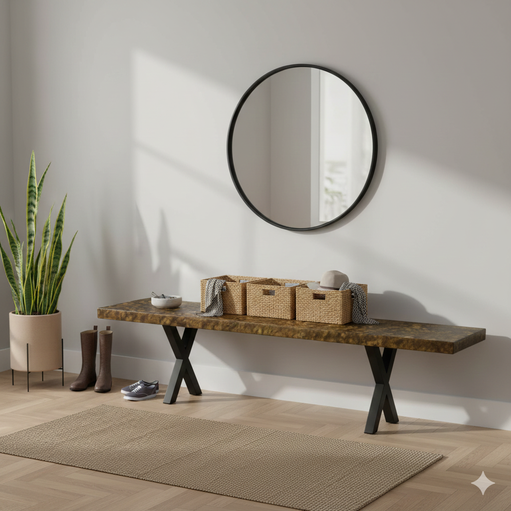 Leopard Brass liquid metal bench, showing the warmth and figure of the brass finish