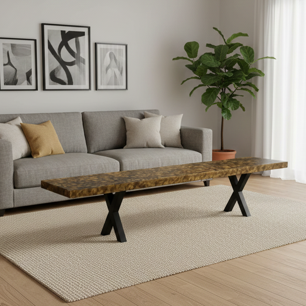 Leopard Brass liquid metal bench in a contemporary dining setting