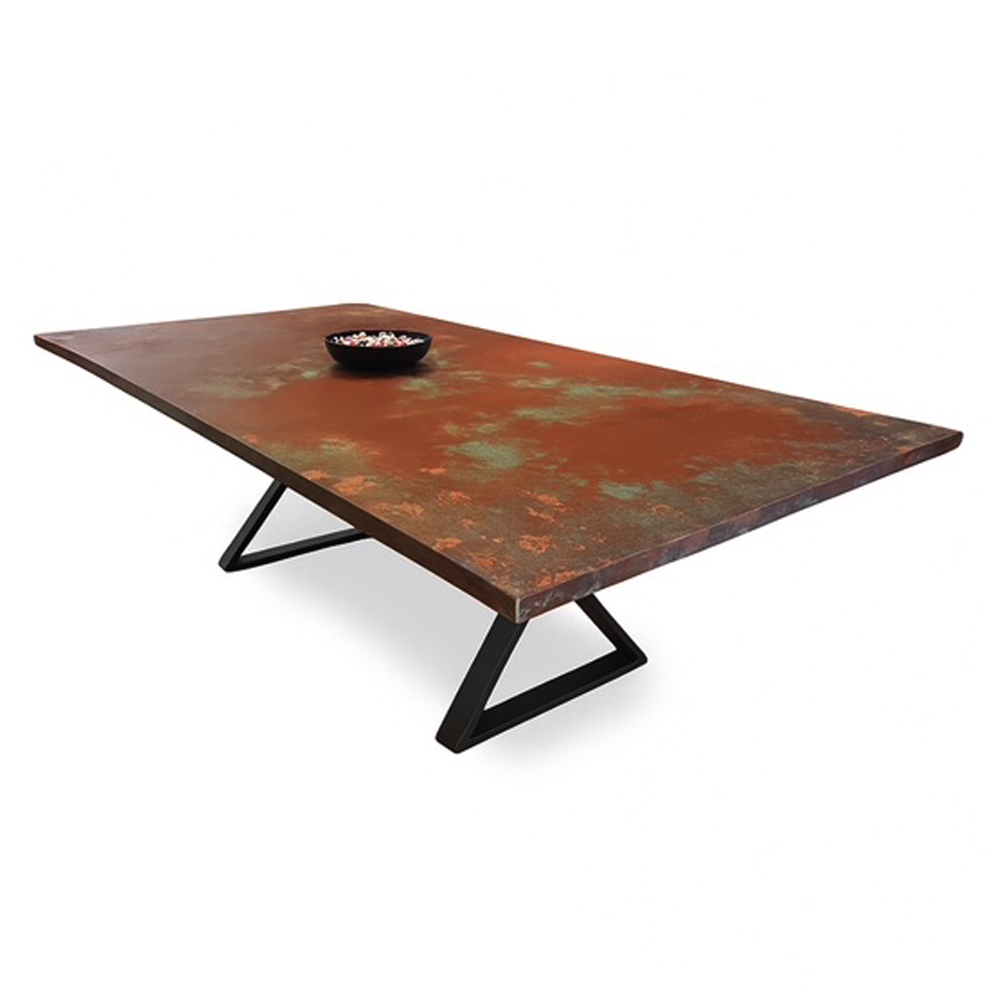 Liquid metal bench shown alongside the Oxidart dining table range