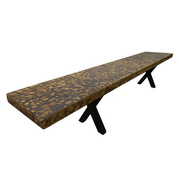 Leopard Brass liquid metal bench with a blackened and browned brass finish