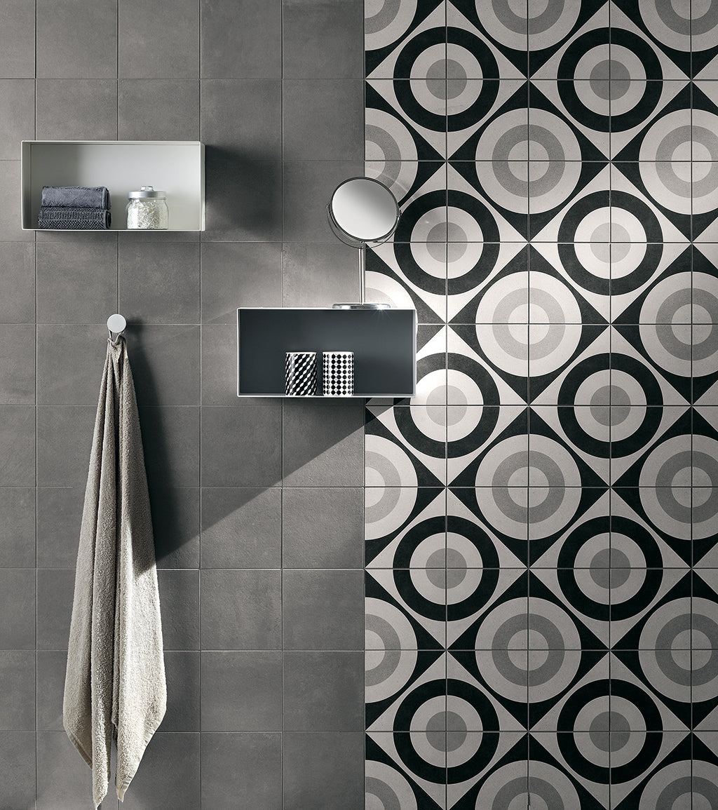 Fioranese Cementine Black&White Wall covering with Blend Grigio lifestyle
