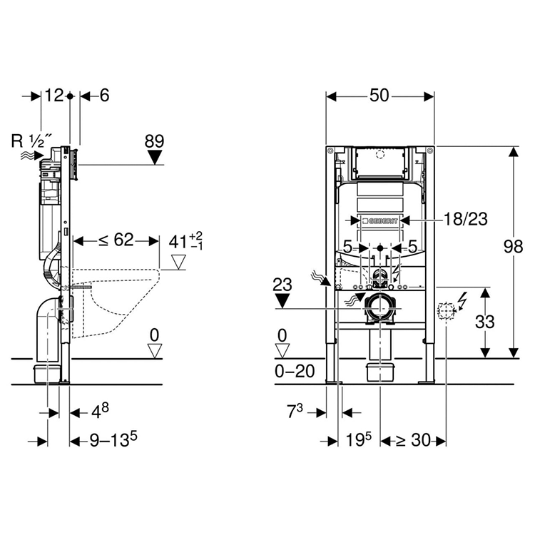 Geberit Duofix 980mm Wall-Hung WC Frame with Sigma 12cm Cistern technical drawing