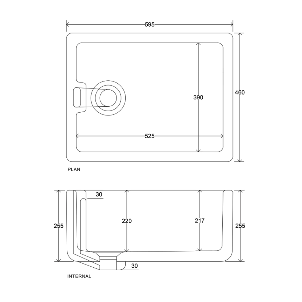 Whitebirk Sink Company Belfast Sink 595x460x255mm dim
