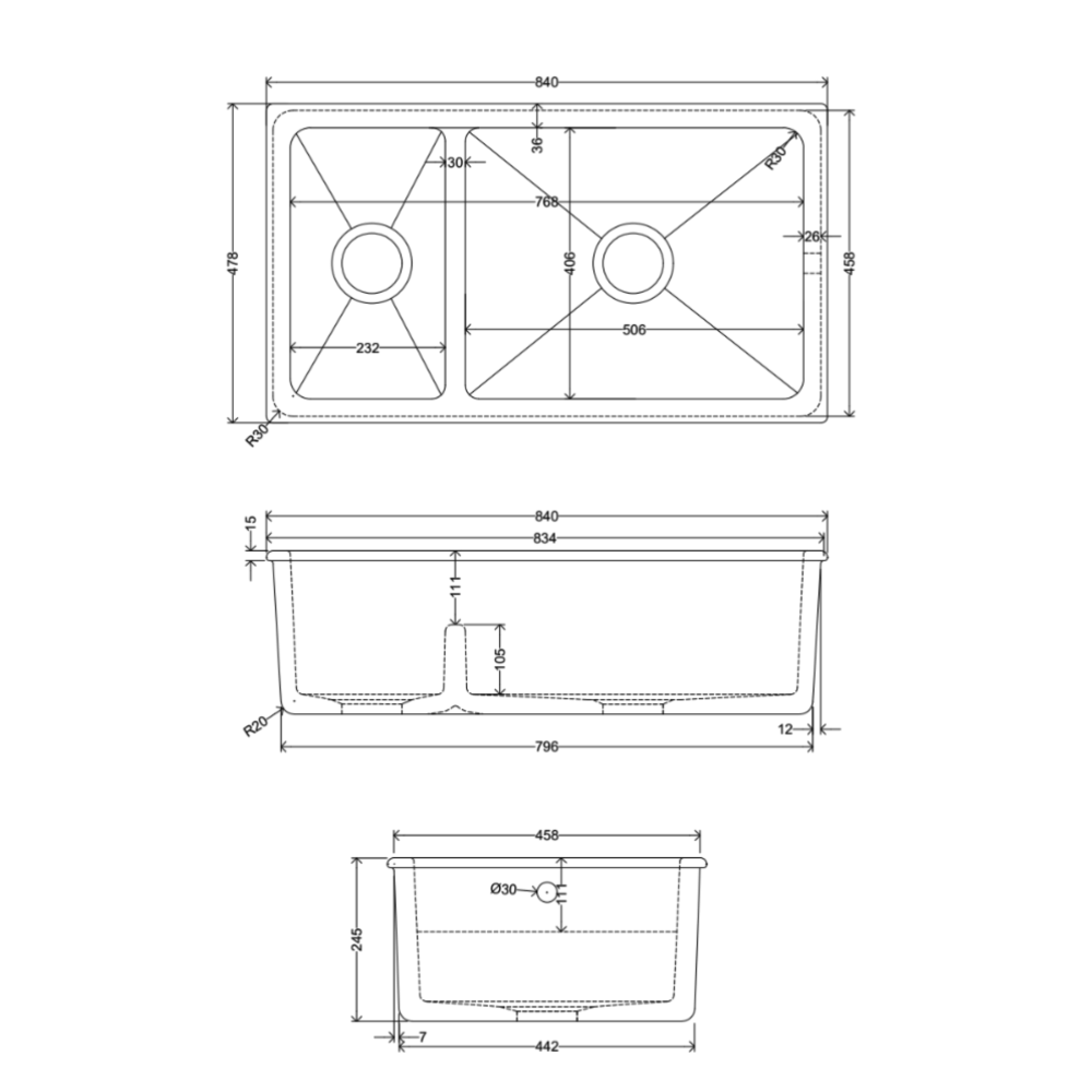 Whitebirk Sink Company Langho Sink 840 x 478 x 245mm dim