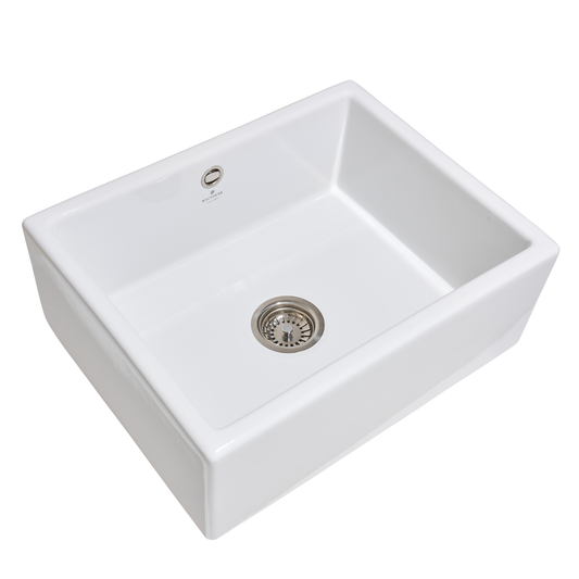 White kitchen sink with drain and faucet hole on a white background