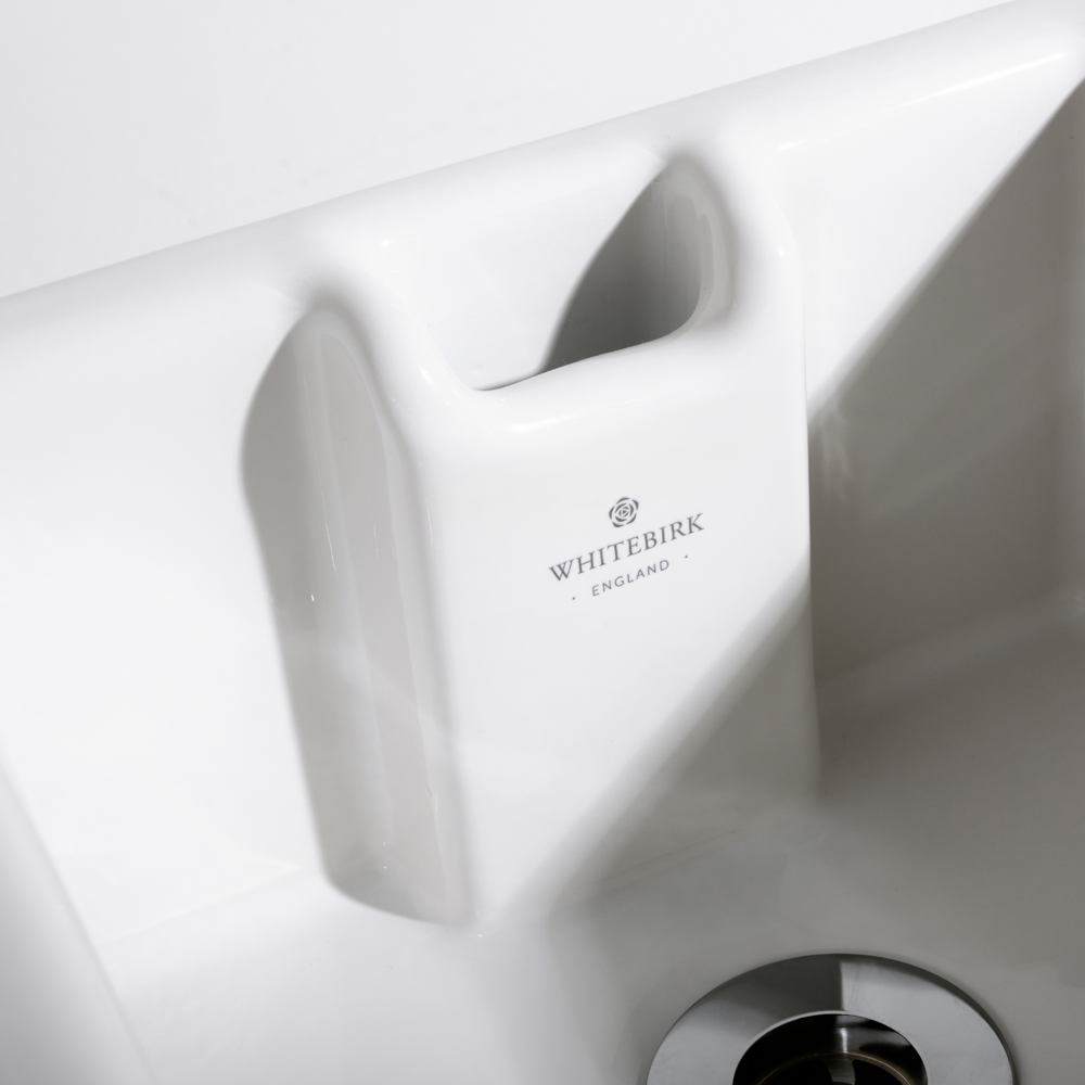 White ceramic sink with 'Whitebirk' branding on a white background