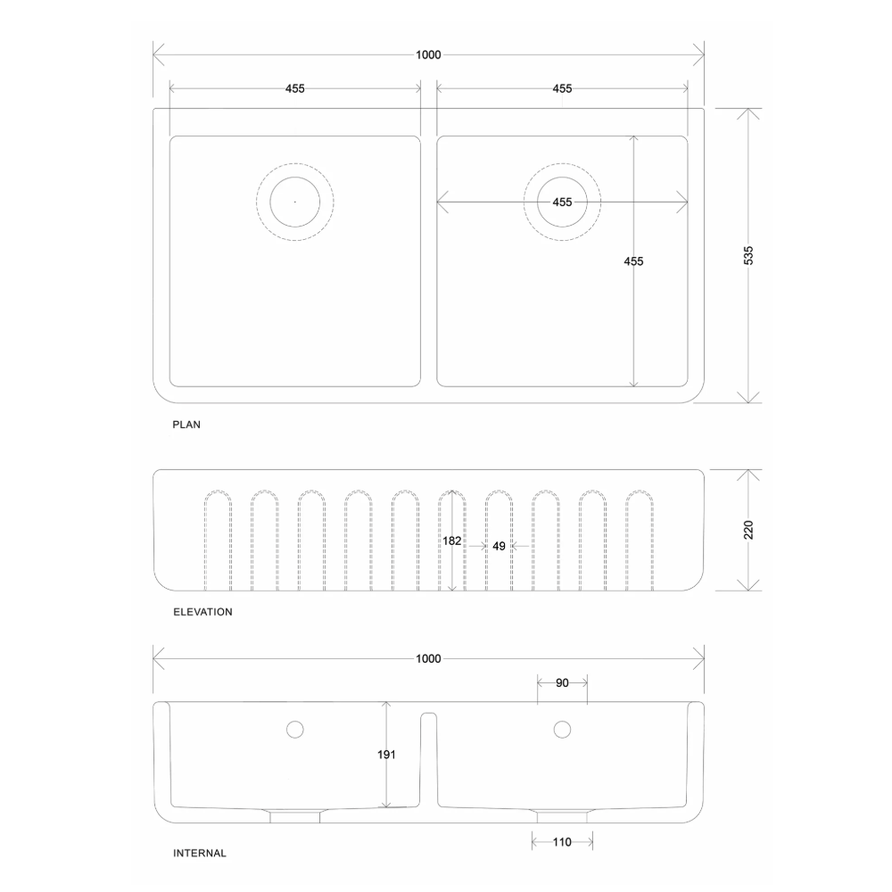 Whitebirk Sink Company Trawden fluted double sink 1000 x 535 x 220mm dim