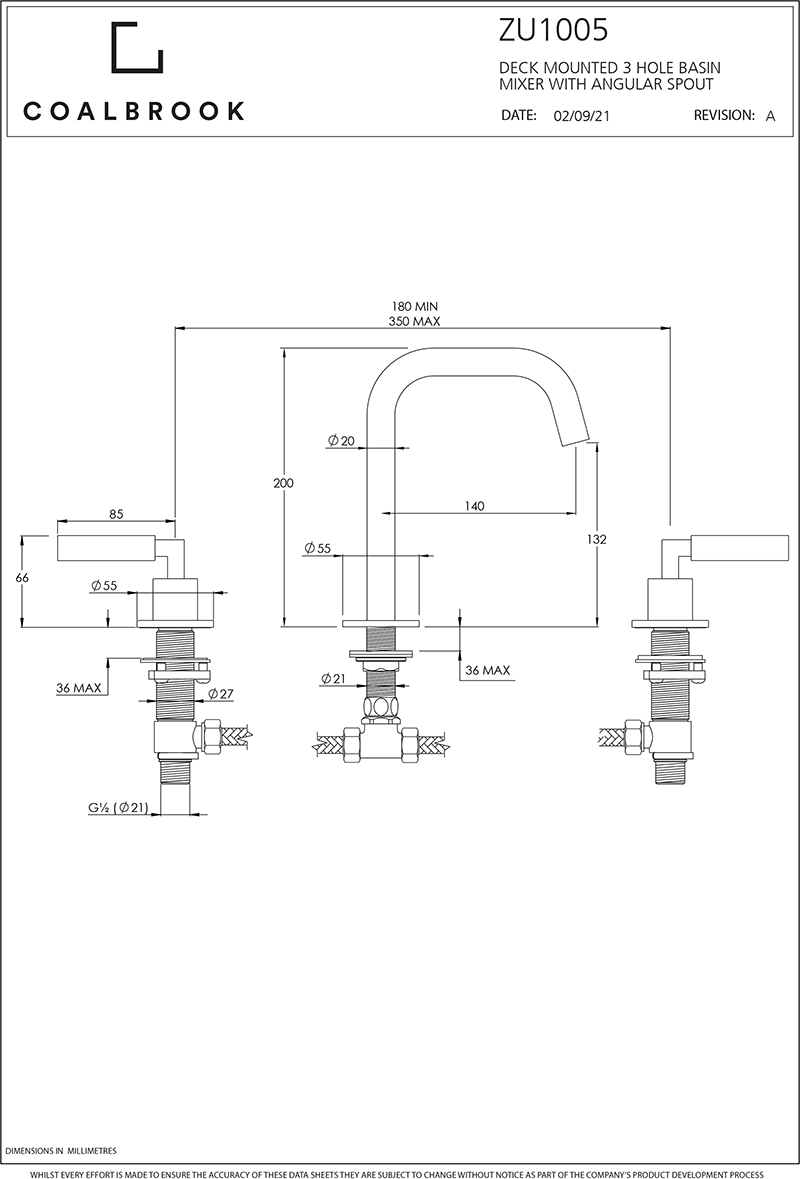 Coalbook Zurich 3th Deck Mounted Basin Mixer Angled Fixed Spout ZU1005 drawing