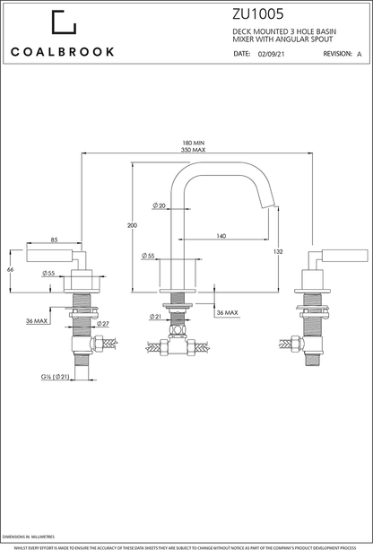 Coalbook Zurich 3th Deck Mounted Basin Mixer Angled Fixed Spout ZU1005 drawing