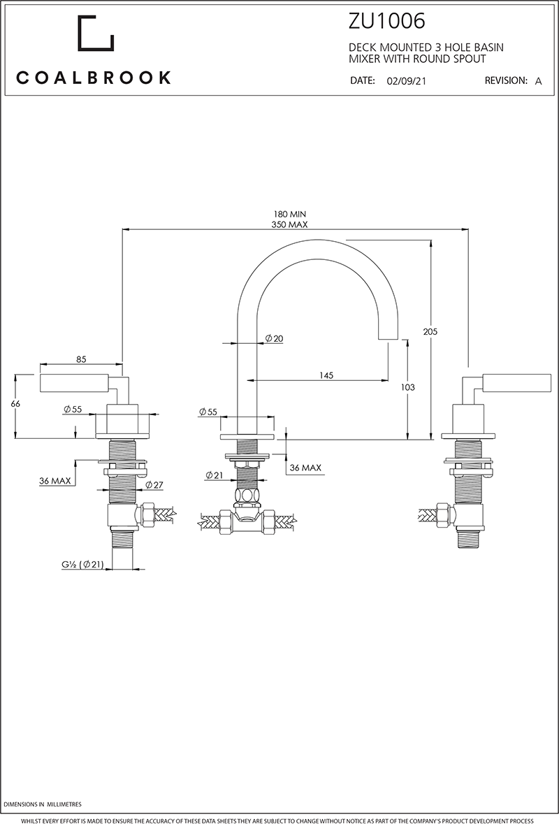 Coalbook Zurich 3th Deck Mounted Basin Mixer Round Fixed Spout ZU1006 drawing