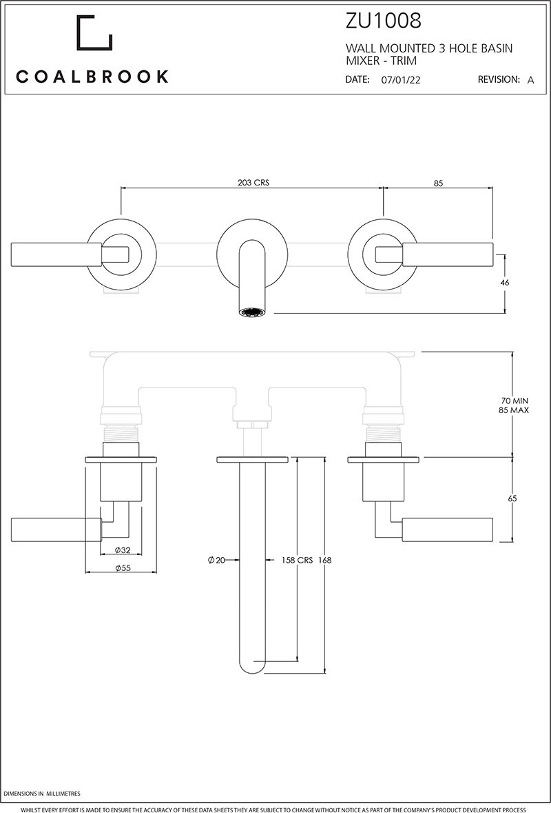 Coalbook Zurich 3th Wall Mounted Basin Mixer (165mm Spout) including Rough ZU1008 drawing