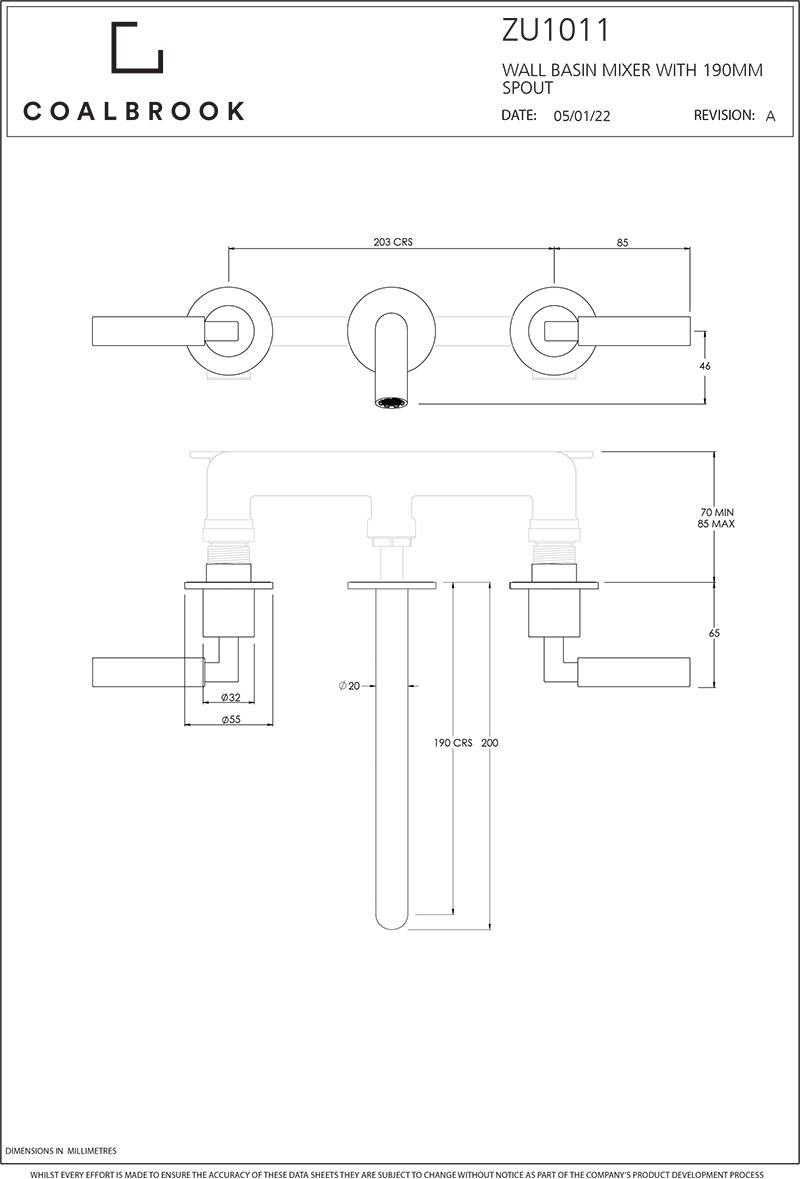 Coalbook Zurich 3th Wall Mounted Basin Mixer (190mm Spout) including Rough ZU1011 drawing