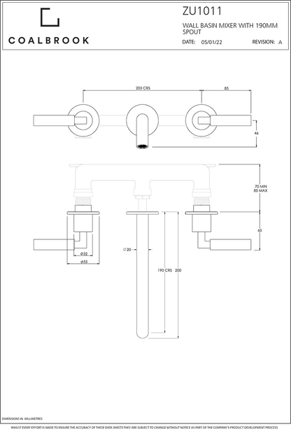 Coalbook Zurich 3th Wall Mounted Basin Mixer (190mm Spout) including Rough ZU1011 drawing