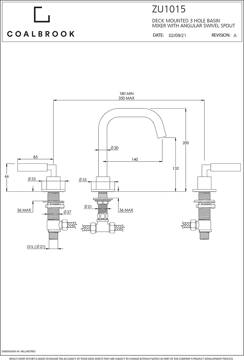 Coalbook Zurich 3th Deck Mounted Basin Mixer Angled Swivel Spout ZU1015