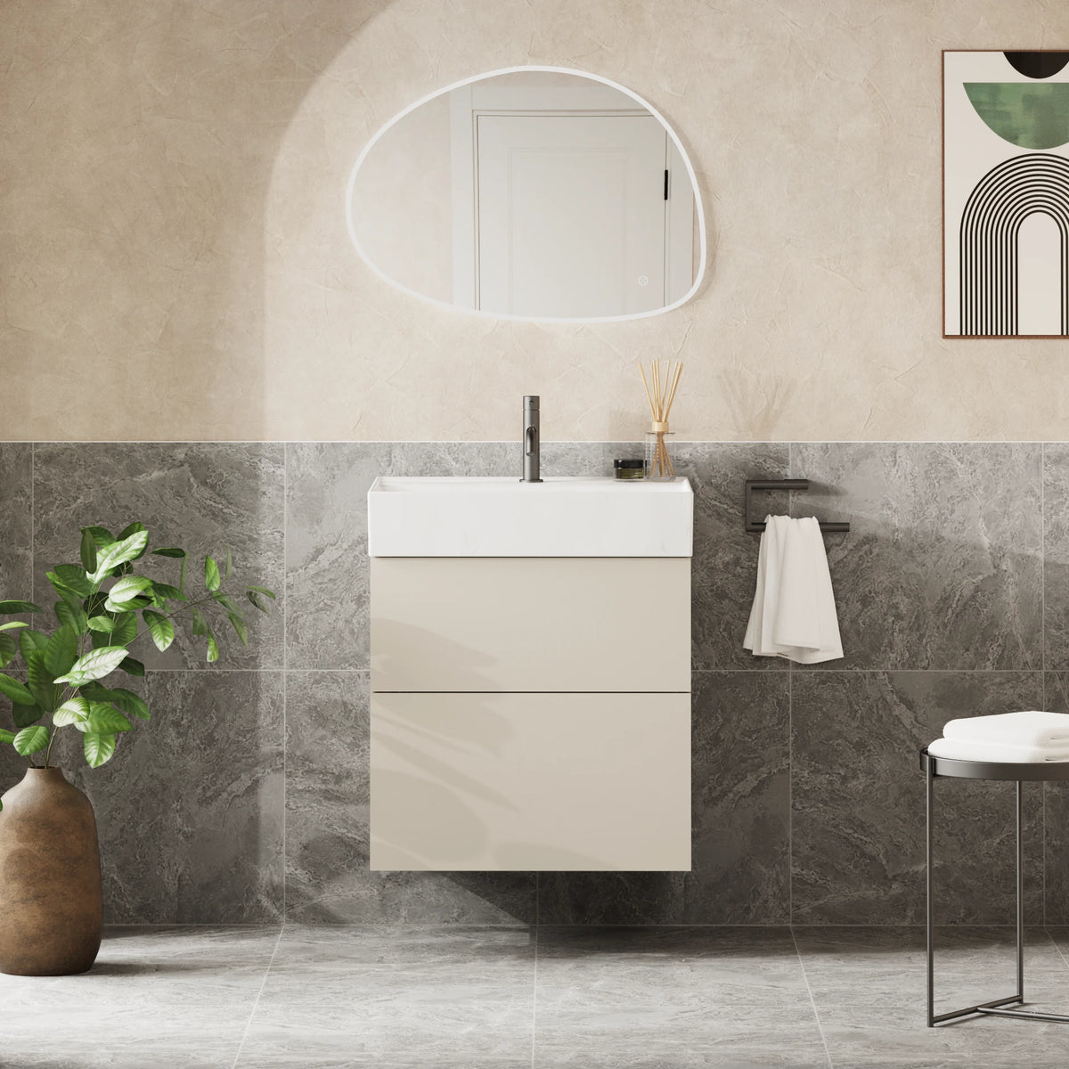 Crosswater Avenue 600 Double Drawer Unit with Basin in Warm Stone, 1 Tap Hole