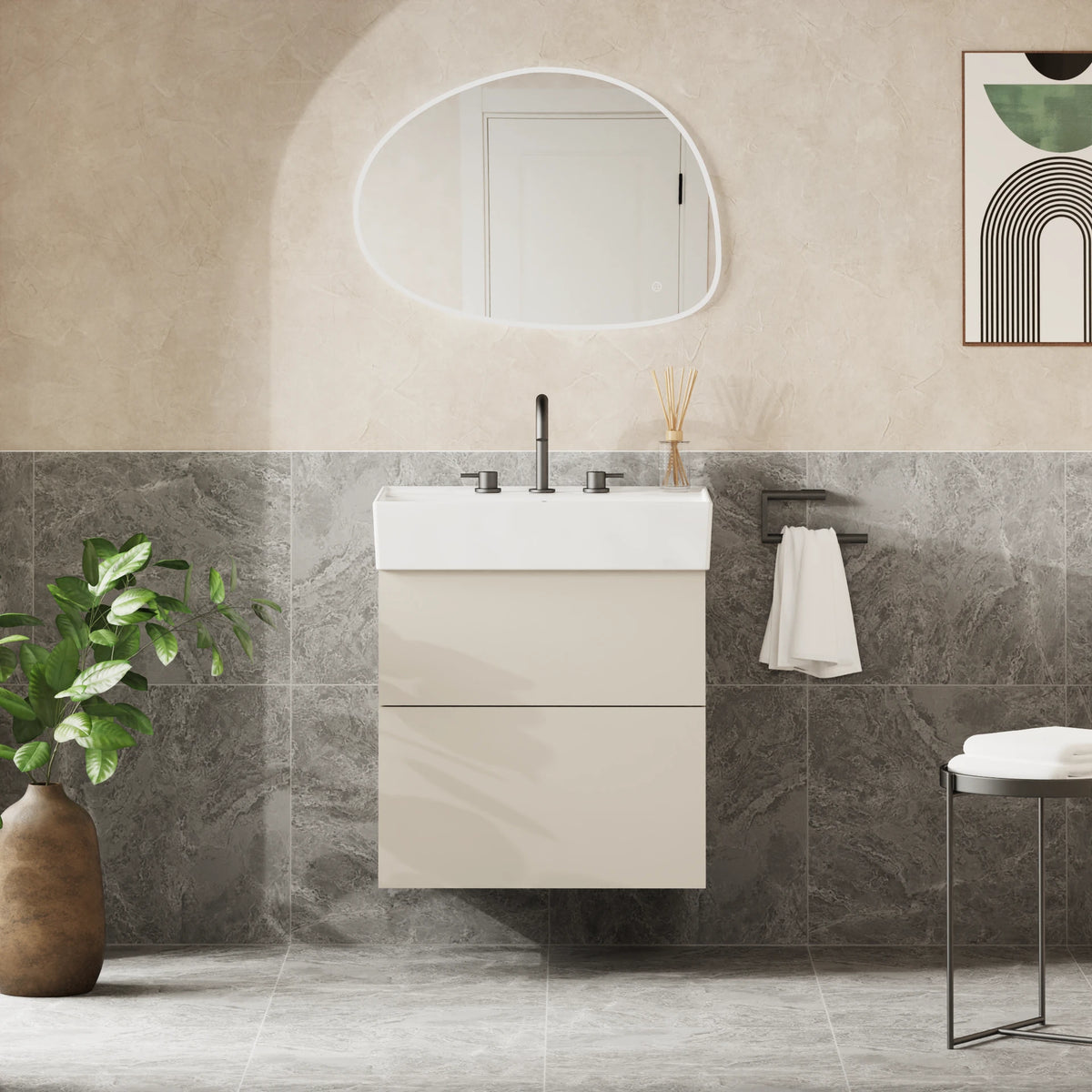 Crosswater Avenue 600 Double Drawer Unit with Basin in Warm Stone, 3 Tap Holes