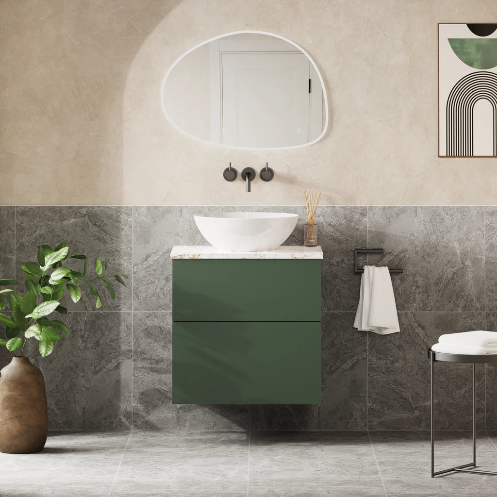 Crosswater Avenue 600 Double Drawer Unit with Worktop in Sage Green with Gold Vein Estatuario worktop
