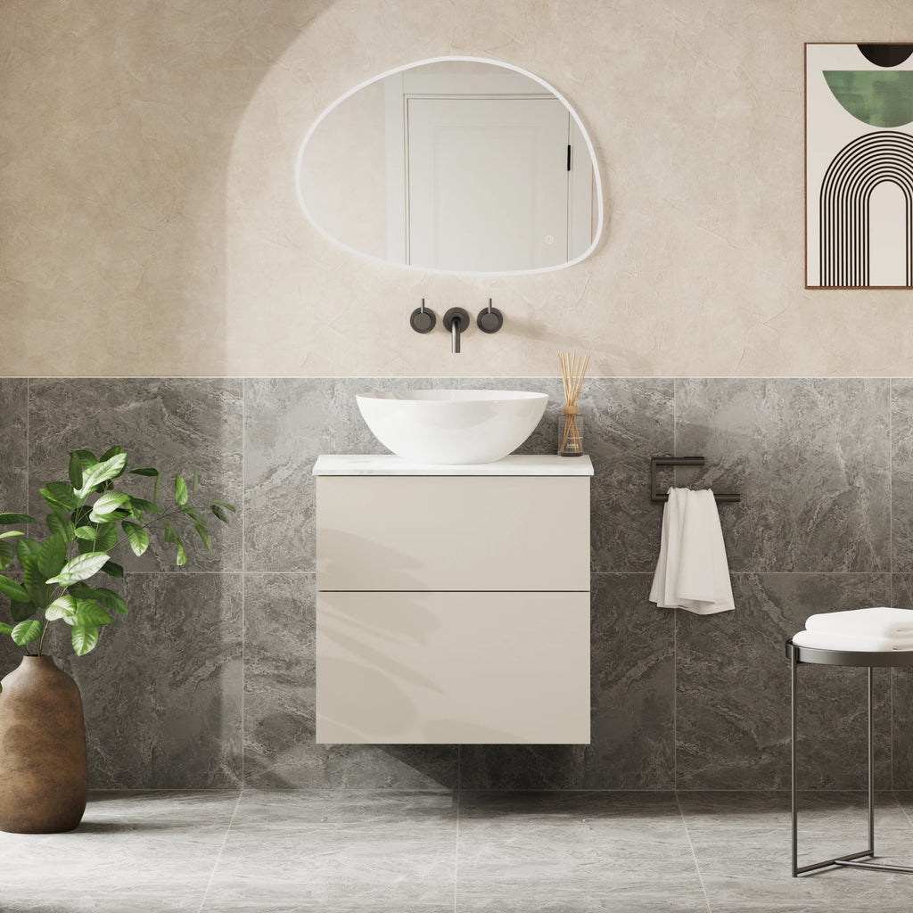 Crosswater Avenue 600 Double Drawer Unit with Worktop in Warm Stone with Carrara Marble Effect worktop