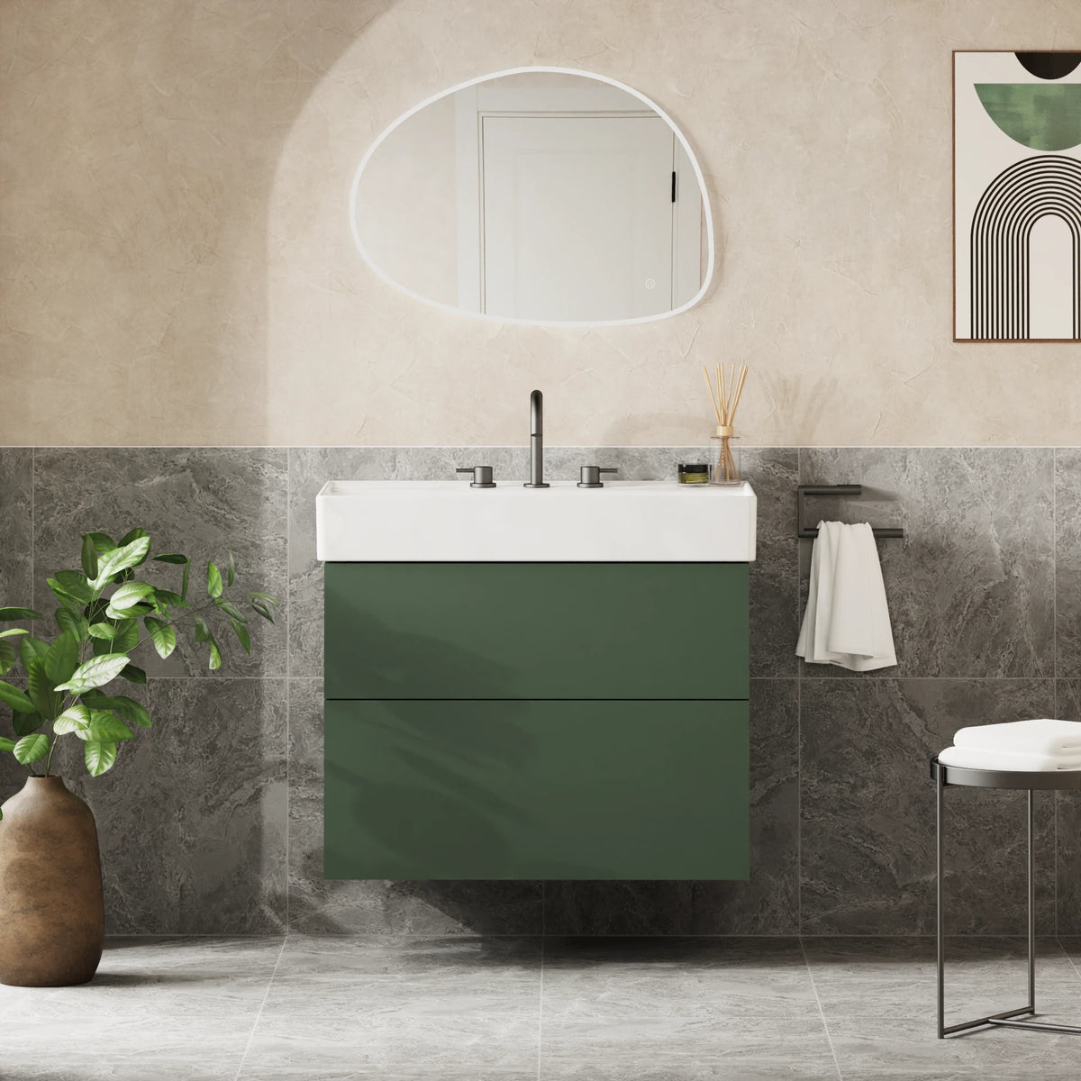 Crosswater Avenue 800 Double Drawer Unit with Basin in Sage Green, 3 Tap Holes