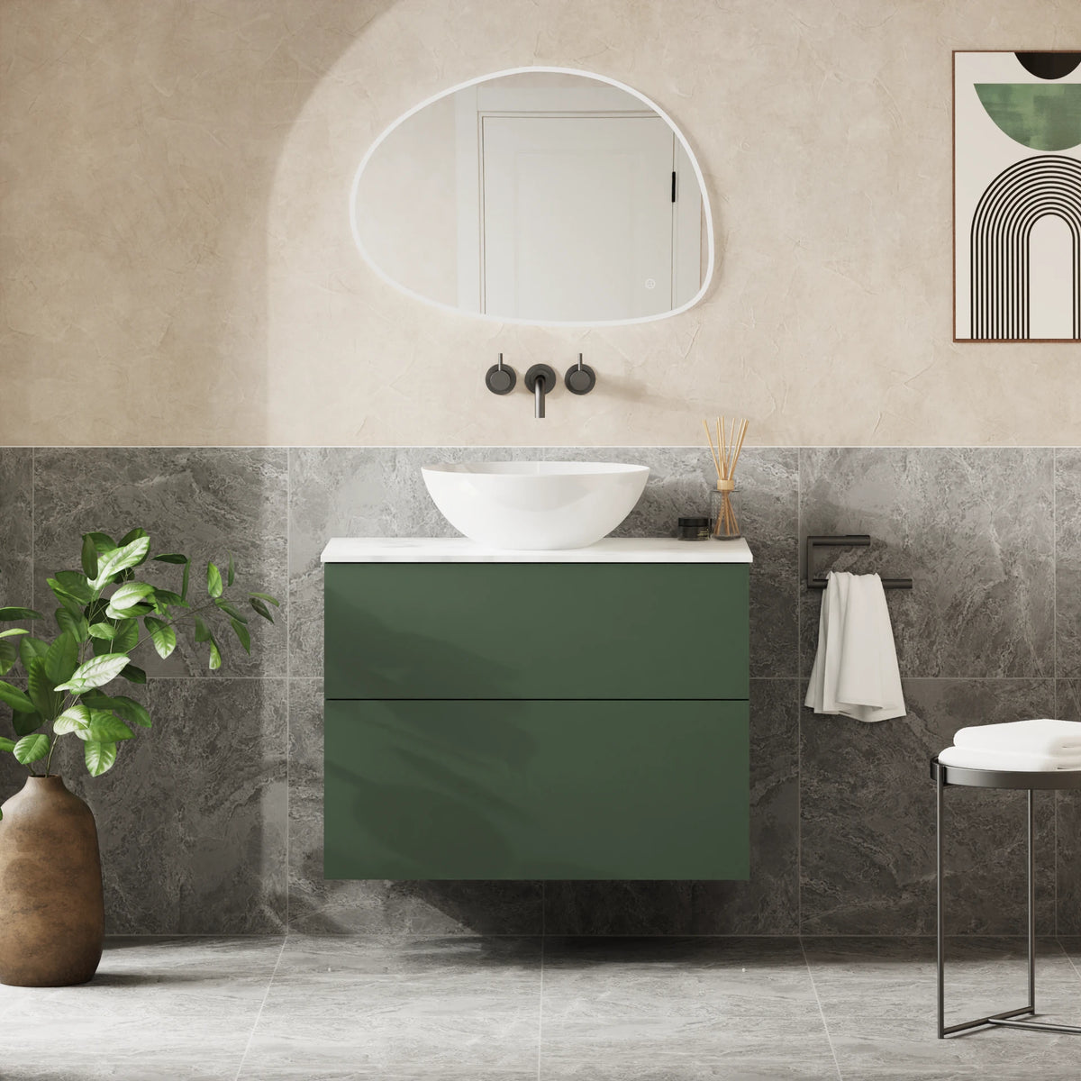 Crosswater Avenue 800 Double Drawer Unit with Worktop in Sage Green with Carrara Marble Effect worktop