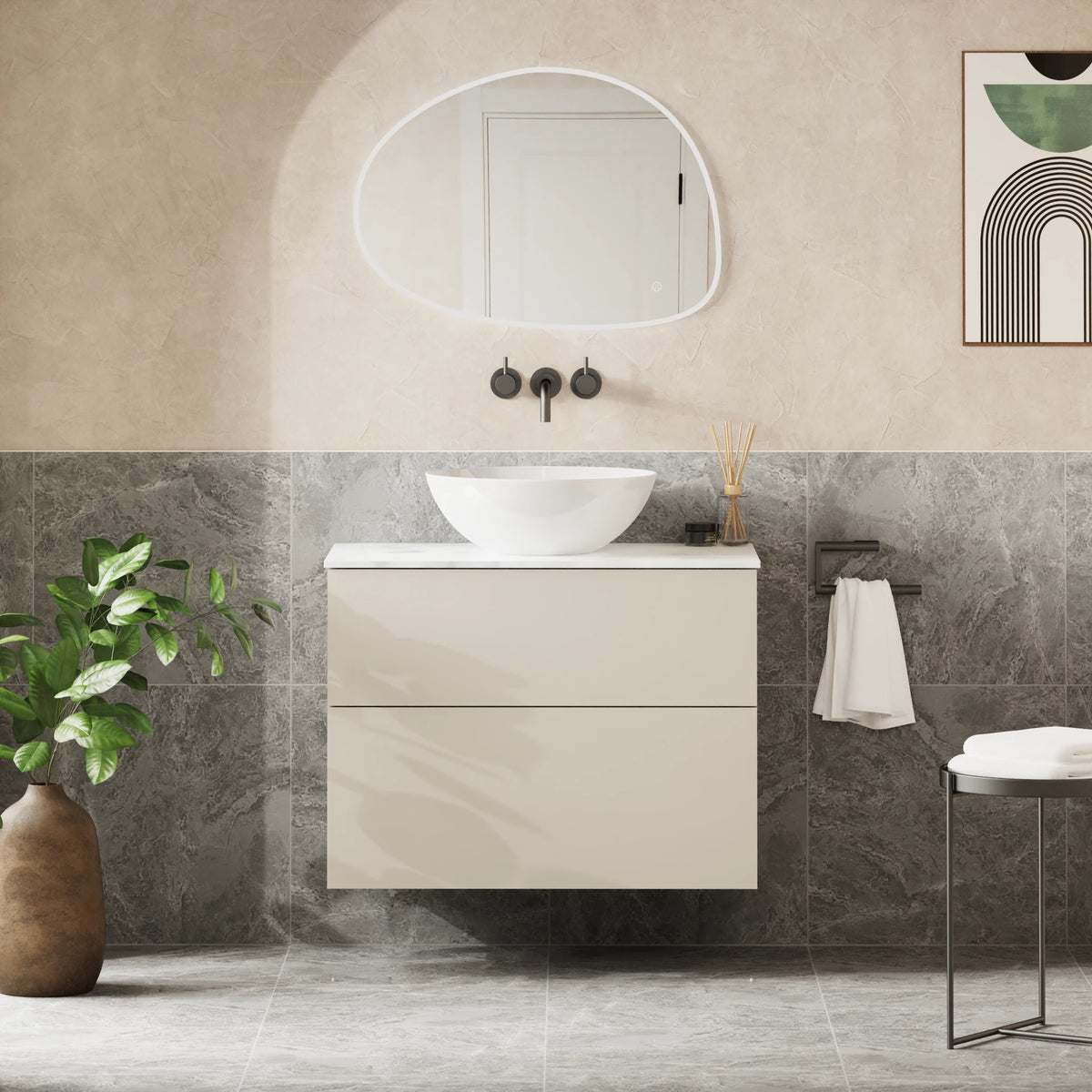 Crosswater Avenue 800 Double Drawer Unit with Worktop in Warm Stone with Carrara Marble Effect worktop