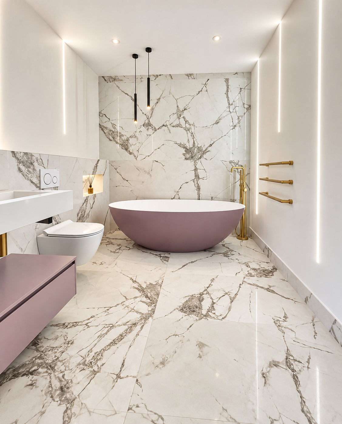 Master en-suite in marble and blush designed by Design Works