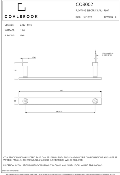 Coalbrook Floating Electric Flat Towel Rail CO8002 ( per rail ) ( 4 Colours Available )