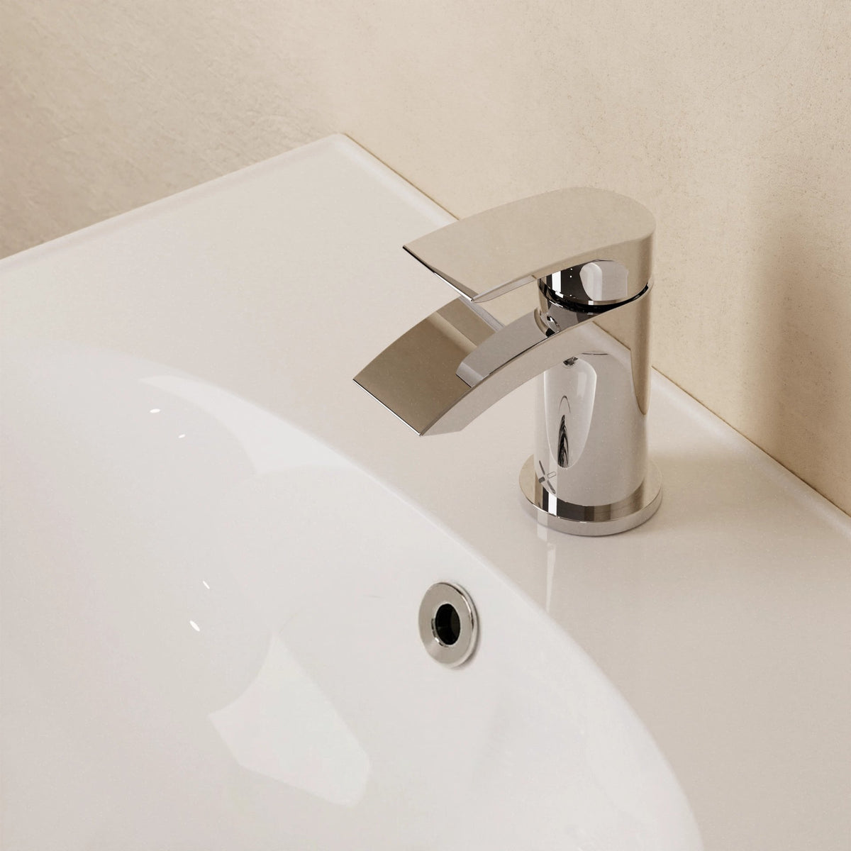 Crosswater Flow chrome basin monobloc mixer installed on white basin