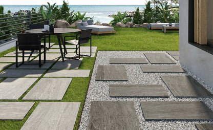 Coem Dualmood Stone Light Grey gresX2 20mm outdoor porcelain paving, laid installation