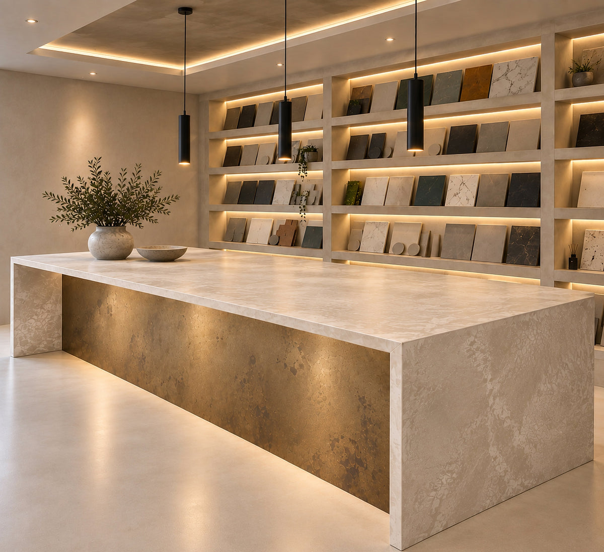 Seamless bespoke worktop island with no joints on display at the Design Works showroom