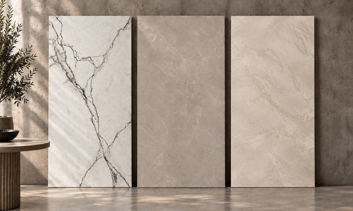 Design Works Bespoke worktops in three finishes: Prestige, Castle Grey Etched Vein and Microstone Trani Beige