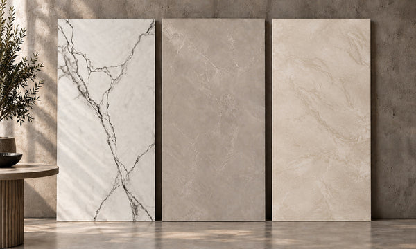Design Works Bespoke worktops in three finishes: Prestige, Castle Grey Etched Vein and Microstone Trani Beige