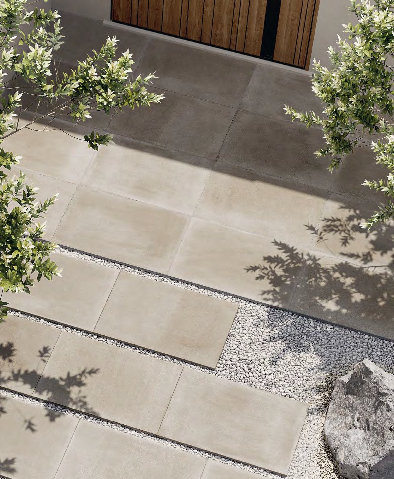 Coem English Stone Greige gresX2 20mm outdoor porcelain paving, laid installation
