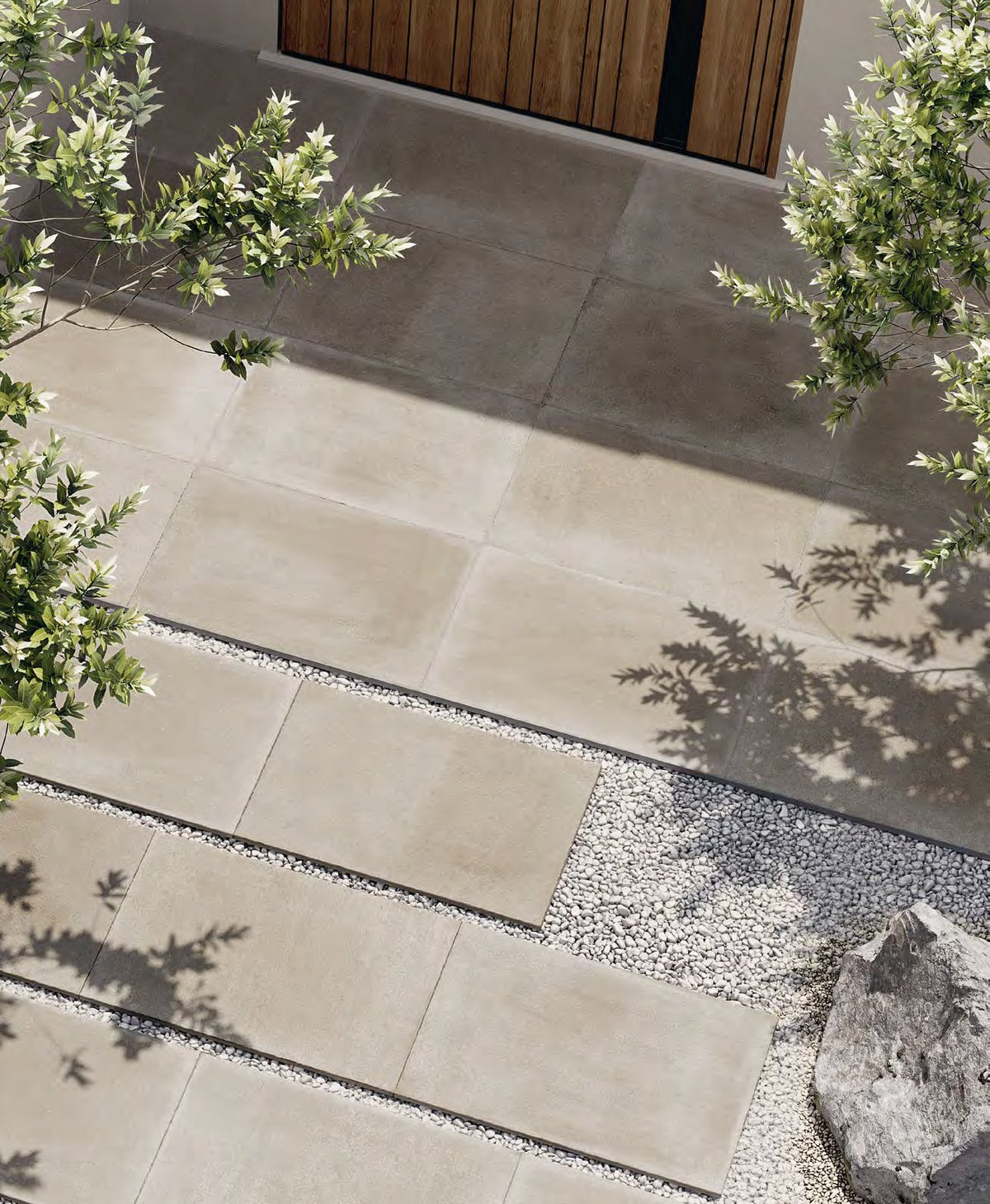 Coem English Stone Greige gresX2 20mm outdoor porcelain paving, laid installation