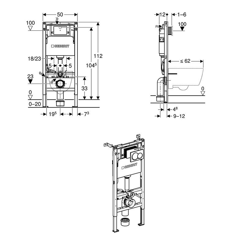 Geberit Duofix Alpha 1120mm Frame & Cistern with Alpha01 Flush Plate technical drawing
