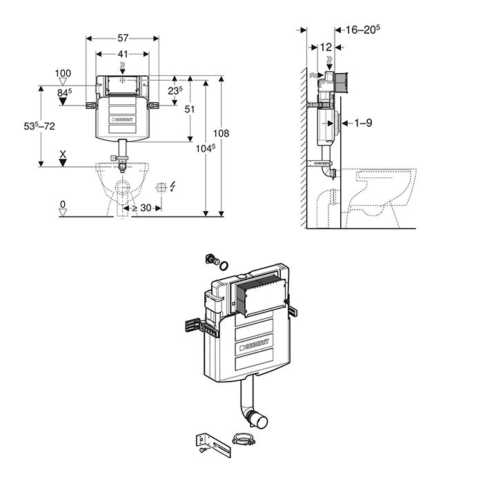 Geberit Sigma 12cm Concealed Dual Flush Cistern technical drawing