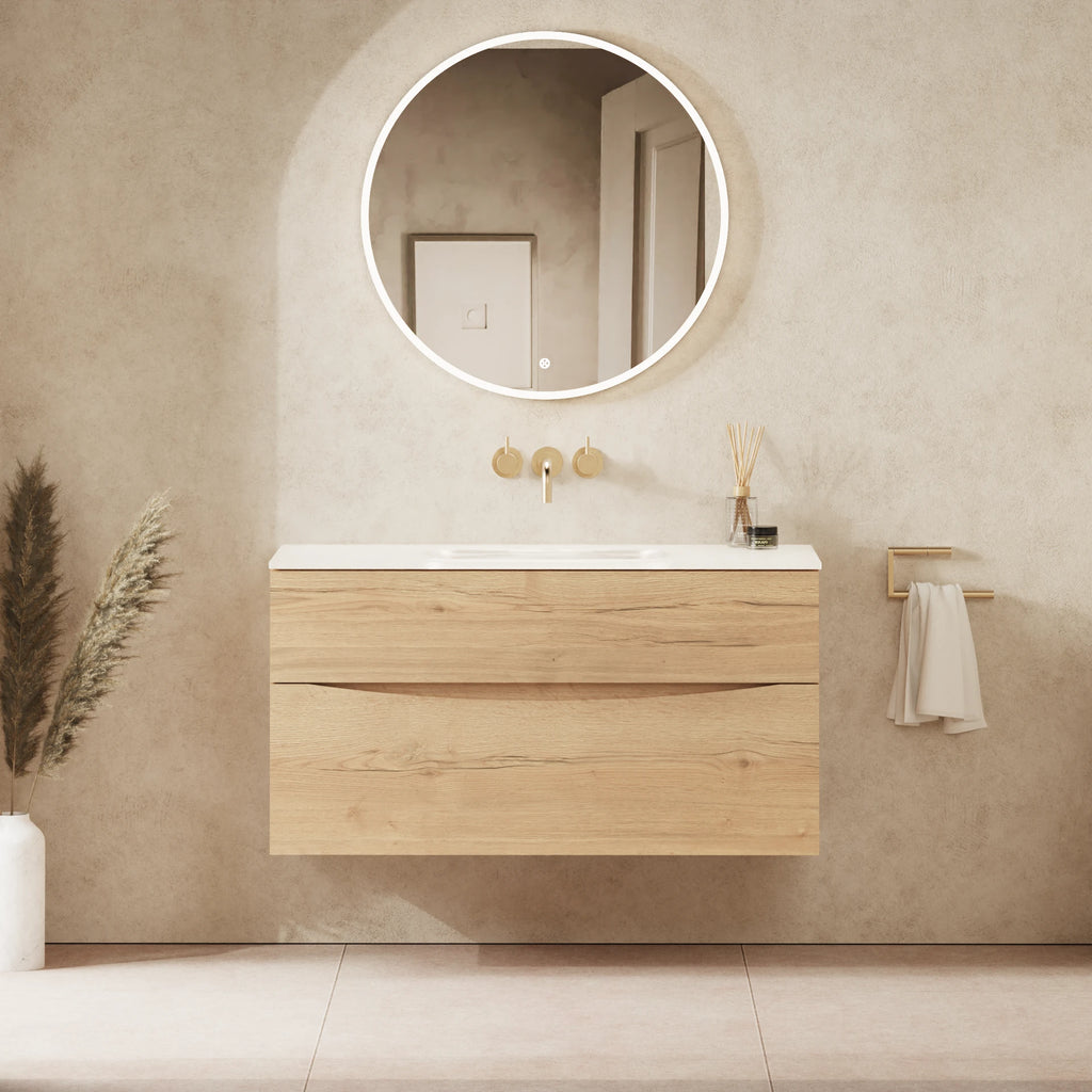 Crosswater Glide II 1000 Double Drawer Unit with Basin in Windsor Oak with Ice White Glass, No Tap Hole
