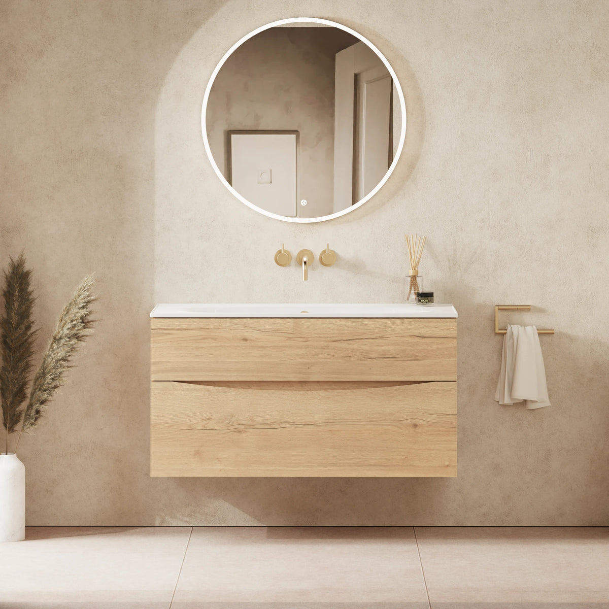 Crosswater Glide II 1000 Double Drawer Unit with Basin in Windsor Oak with Cast Mineral Marble, No Tap Hole