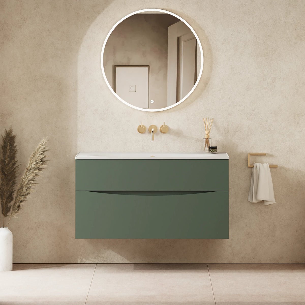 Crosswater Glide II 1000 Double Drawer Unit with Basin in Sage Green with Matt White, No Tap Hole