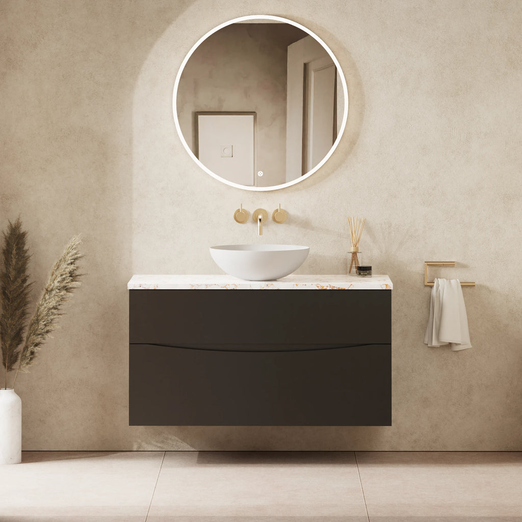 Crosswater Glide II 1000 Double Drawer Unit with Worktop in Matt Black with Gold Vein Estatuario
