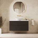 Crosswater Glide II 1000 Double Drawer Unit with Worktop in Matt Black with Carrara Marble Effect