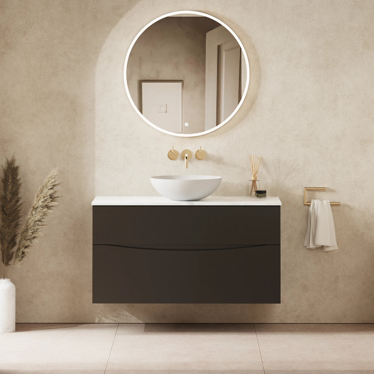 Crosswater Glide II 1000 Double Drawer Unit with Worktop in Matt Black with Carrara Marble Effect