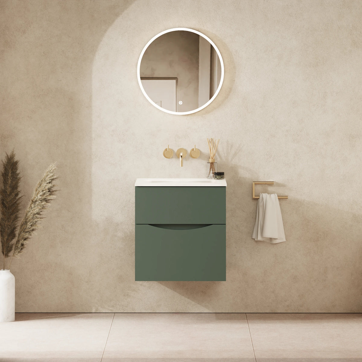 Crosswater Glide II 500 Double Drawer Unit with Basin in Sage Green with Ice White Glass, No Tap Hole
