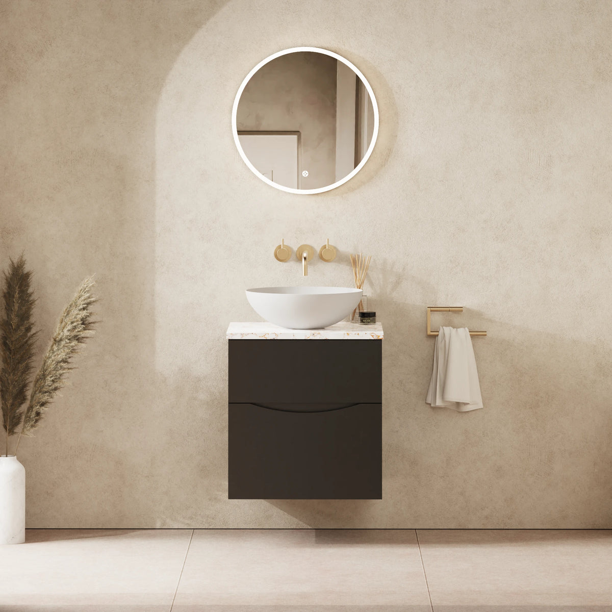 Crosswater Glide II 500 Double Drawer Unit with Worktop in Matt Black with Gold Vein Estatuario