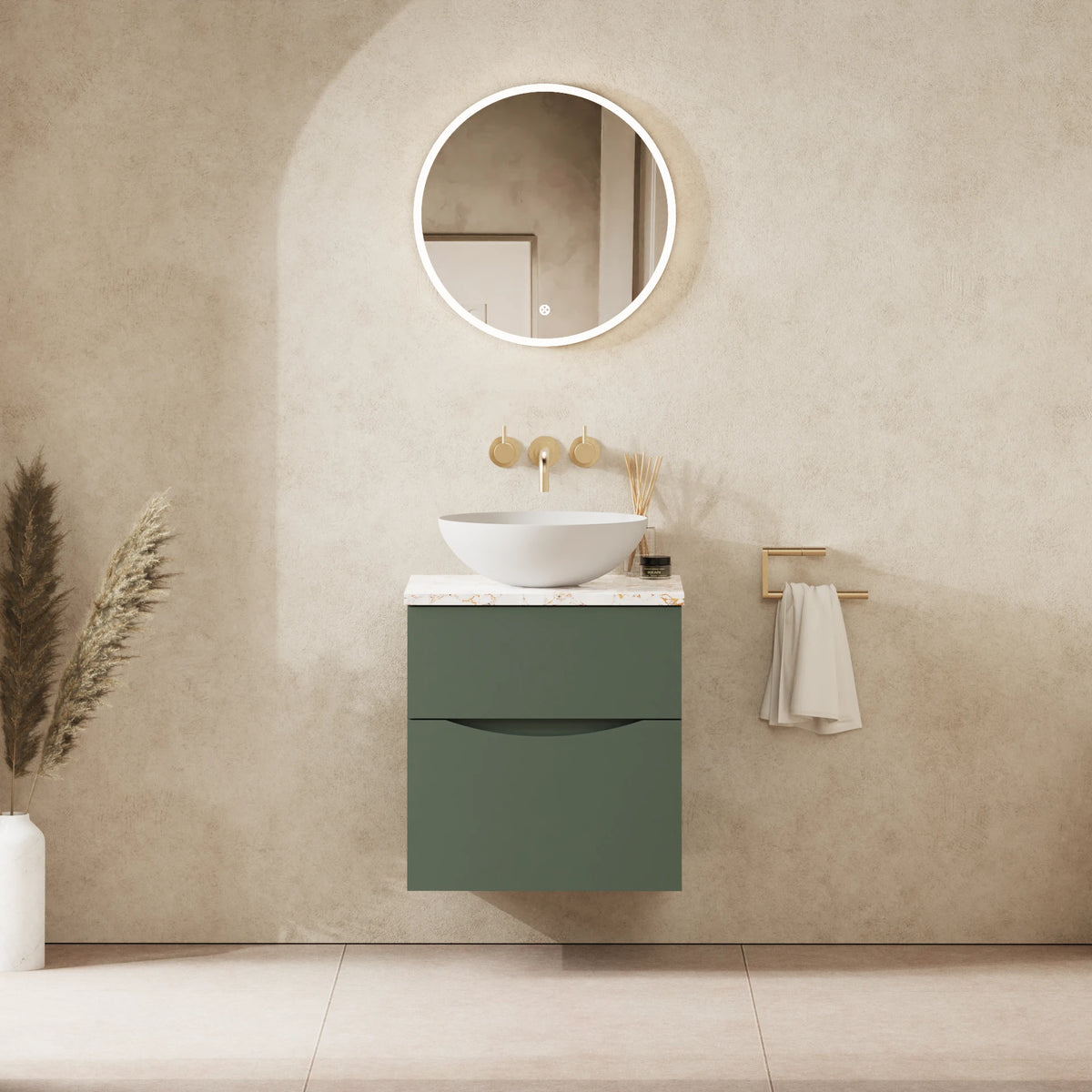 Crosswater Glide II 500 Double Drawer Unit with Worktop in Sage Green with Gold Vein Estatuario