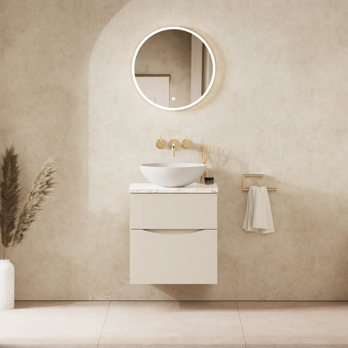 Crosswater Glide II 500 Double Drawer Unit with Worktop in Warm Stone with Gold Vein Estatuario