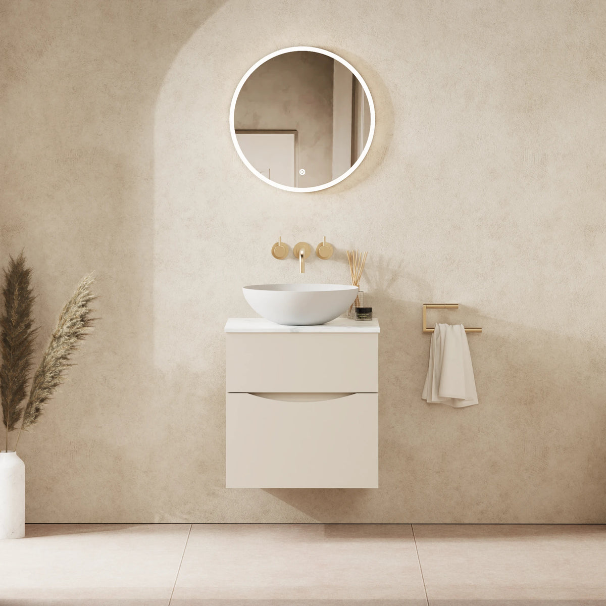 Crosswater Glide II 500 Double Drawer Unit with Worktop in Warm Stone with Carrara Marble Effect