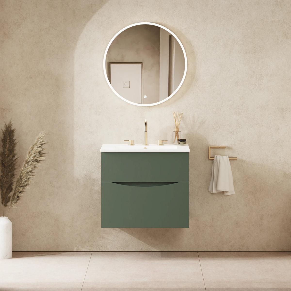 Crosswater Glide II 600 Double Drawer Unit with Basin in Sage Green with Ceramic, 3 Tap Holes