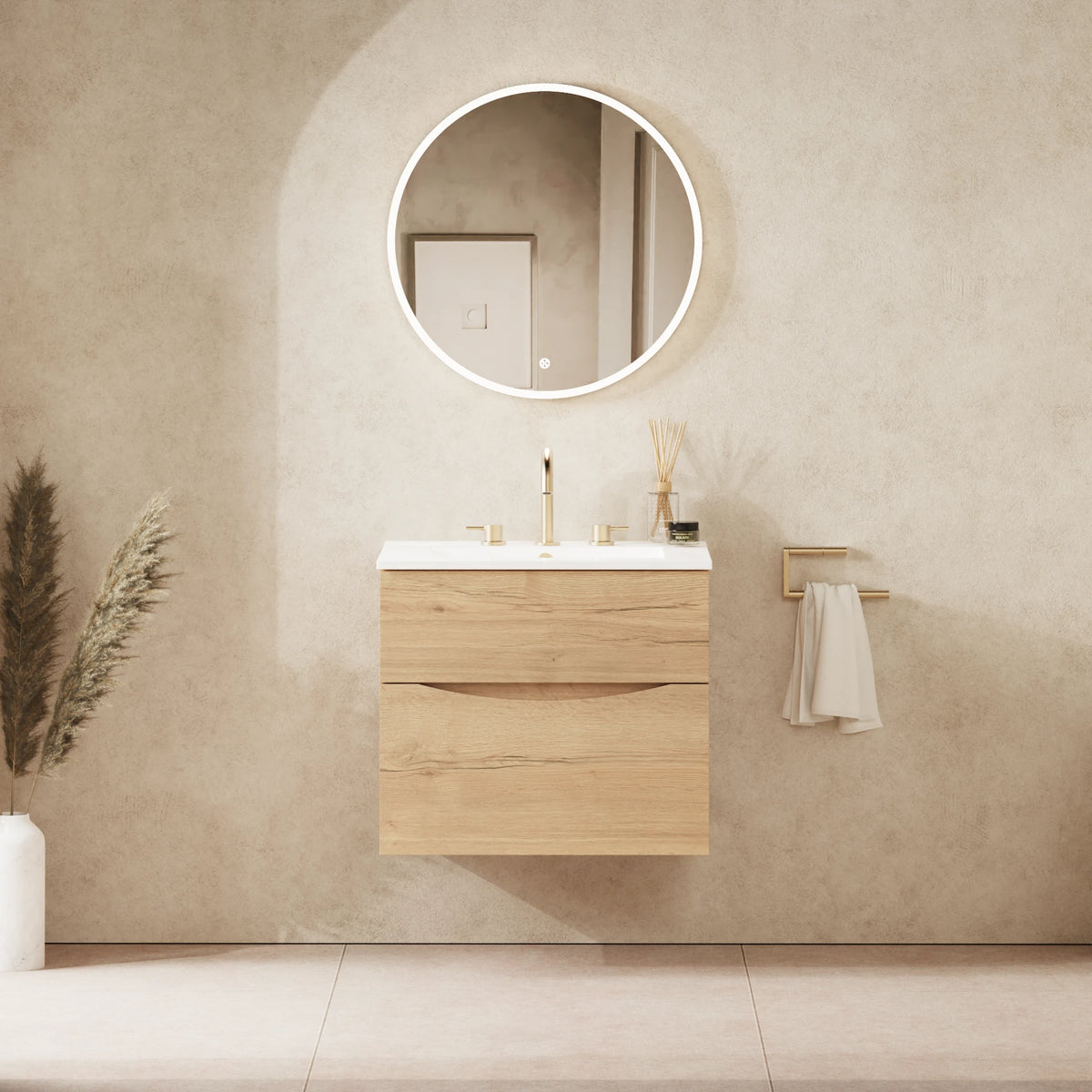 Crosswater Glide II 600 Double Drawer Unit with Basin in Windsor Oak with Ceramic, 3 Tap Holes